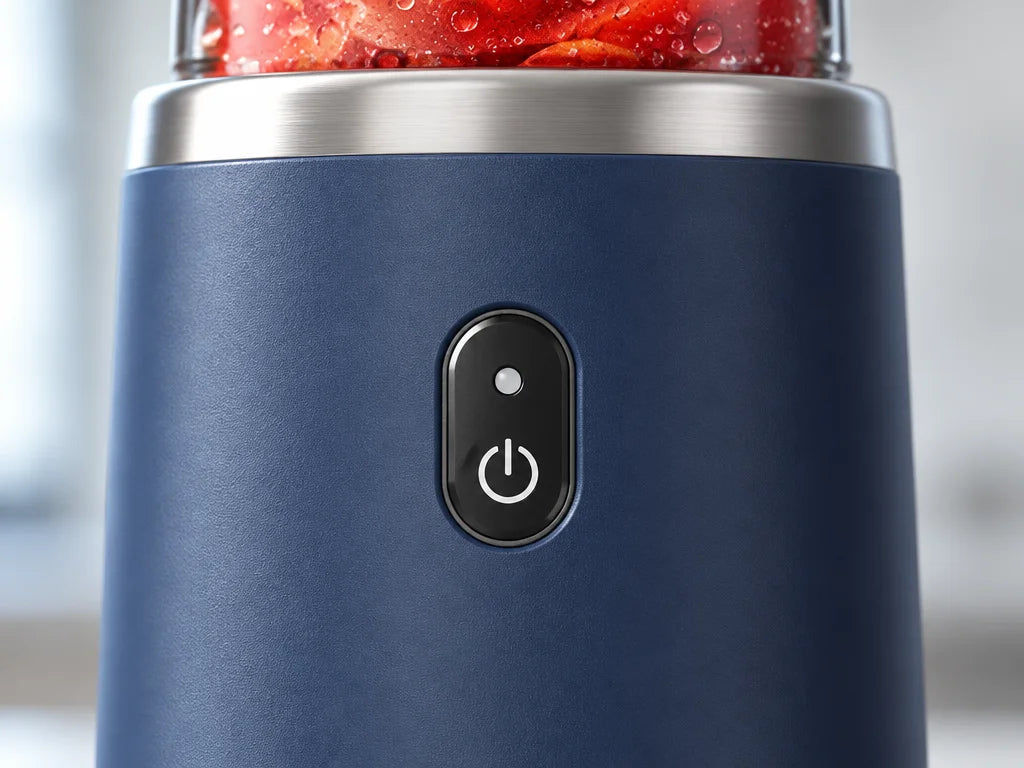 A close macro photograph of the single front power button on the exact dark-navy BlendGo Mini motor