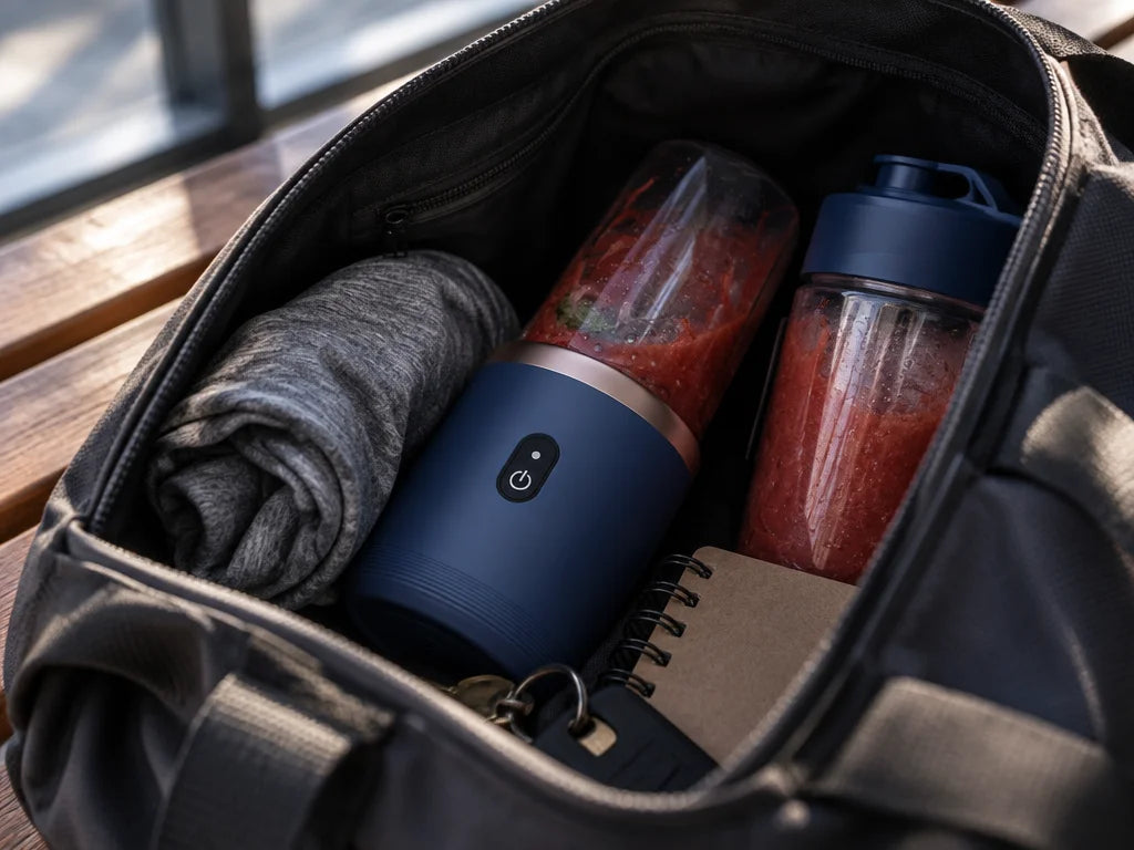 A photograph into an open everyday gym tote on a wooden bench: the exact BlendGo Mini kit from refer