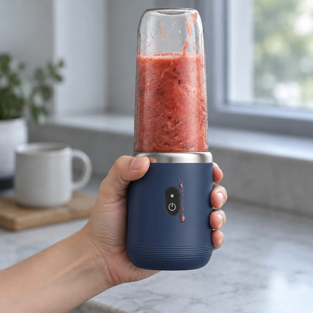A photograph showing only a hand and forearm holding the exact compact dark-navy BlendGo Mini motor