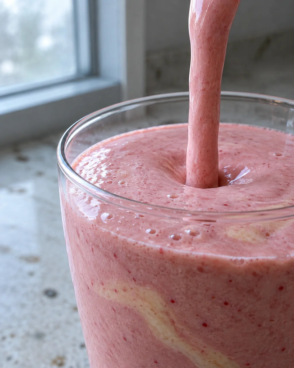 A close photo of a small stream of thick pink strawberry-banana smoothie falling into a clear drinki