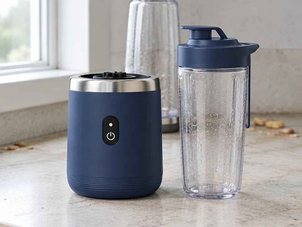 A close real-kitchen photograph of the exact compact dark-navy BlendGo Mini motor base from referenc
