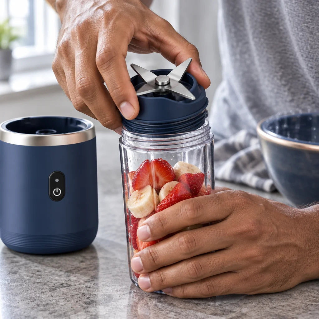 A close photograph in the same small kitchen, with the same cool morning window light, used counter,