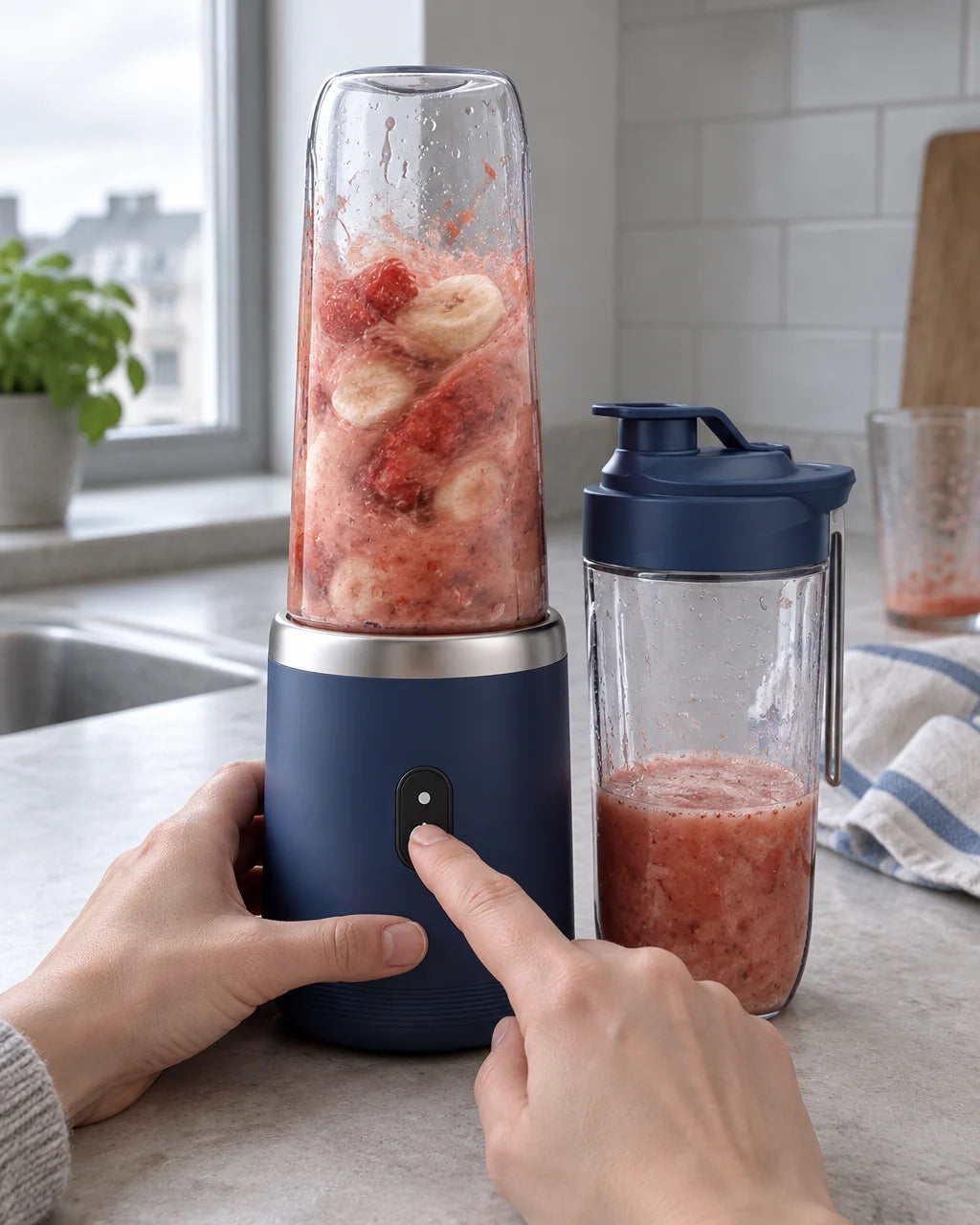 A photograph of the exact BlendGo Mini from reference r00: compact dark-navy cylindrical motor base,