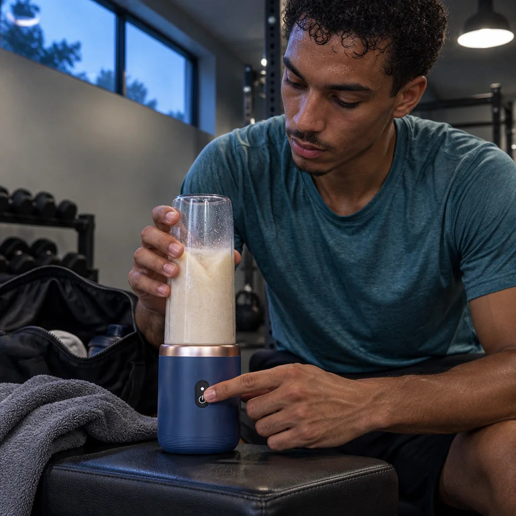 A photograph in a quiet gym corner after training. A 29-year-old French man with medium-brown skin,