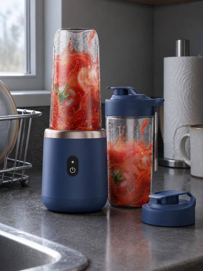 A photograph of the exact BlendGo Mini kit from reference r00 in a genuinely small, used kitchen: th