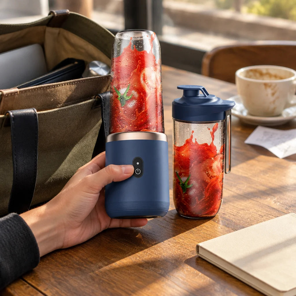 A close real-life photograph of a hand lifting the exact compact BlendGo Mini kit from reference r00